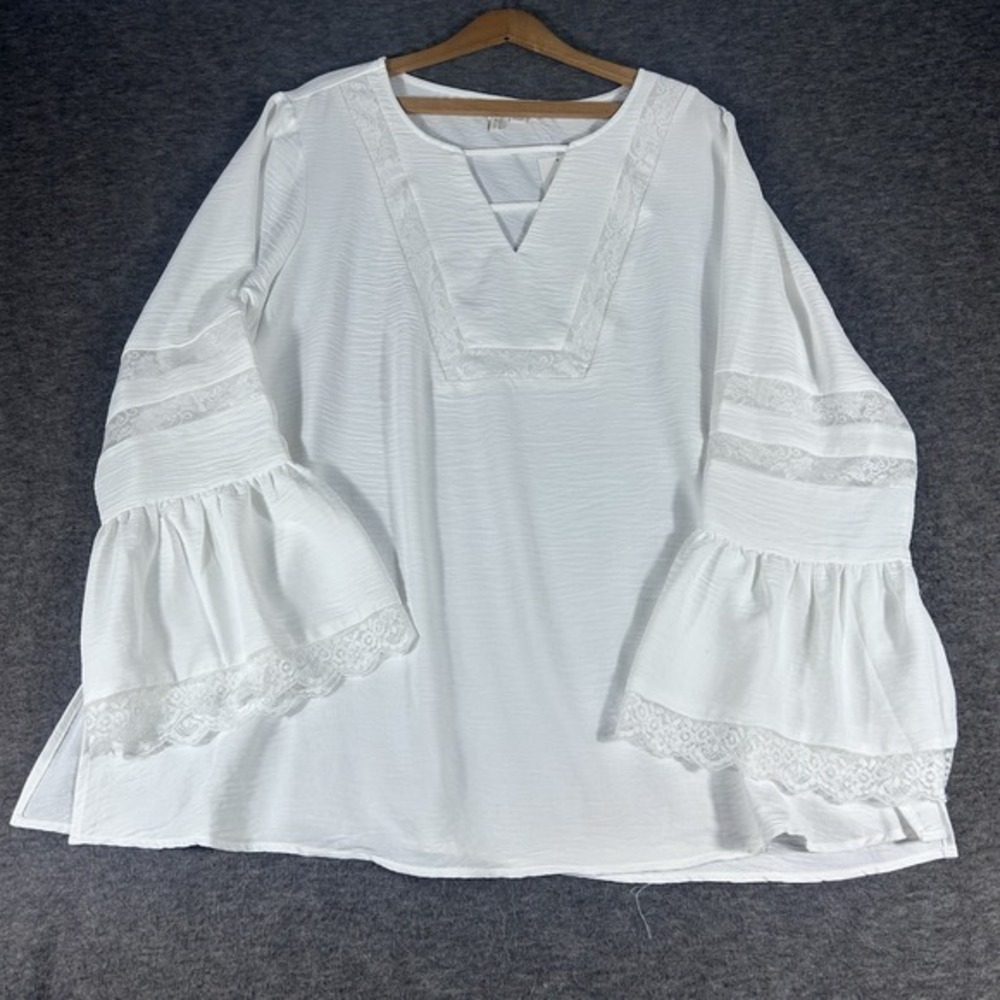 Women White Berlin Sleeve‎ Blouse Top Bell Sleeves Lace Inlay Boho Peasant 18/20